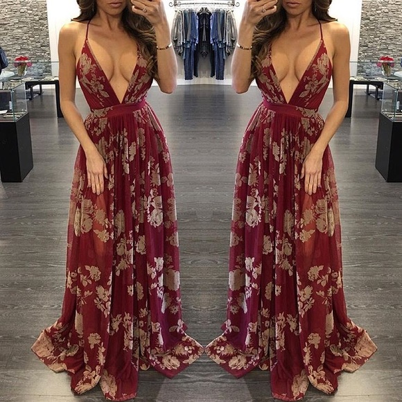 Almost gone! Burgundy Floral maxi gown M - Picture 2 of 3
